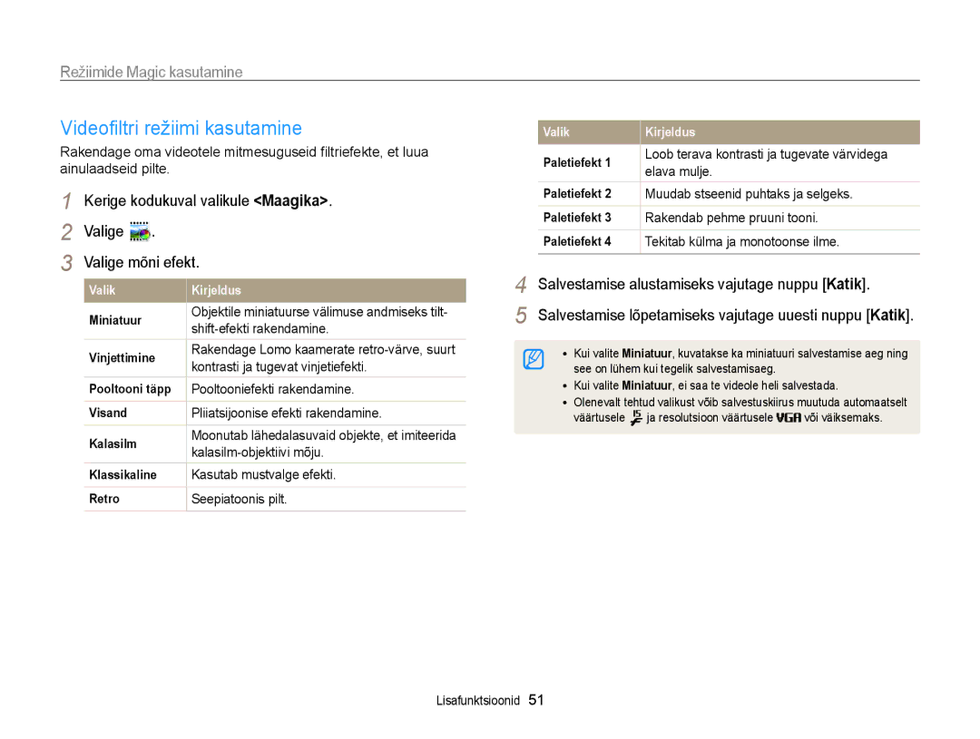 Samsung EC-ST200FBPBE2 manual Videofiltri režiimi kasutamine, Kerige kodukuval valikule Maagika Valige Valige mõni efekt 