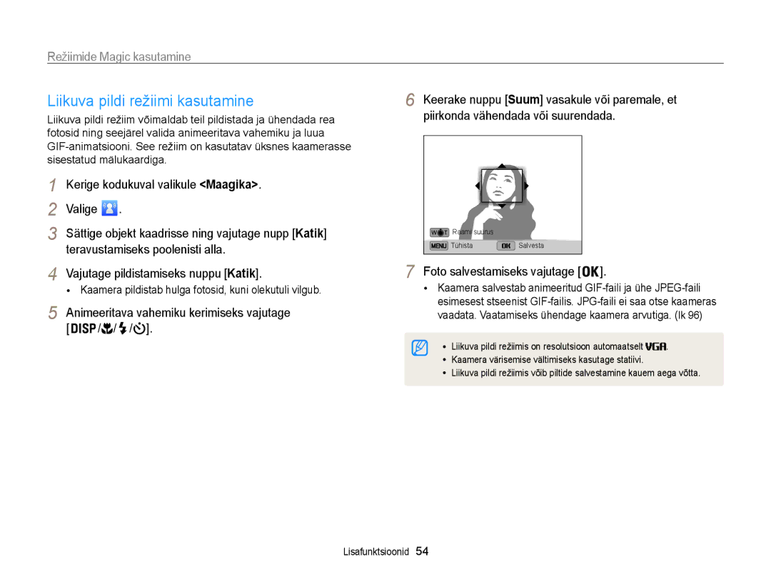 Samsung EC-ST200FBPRE2 Liikuva pildi režiimi kasutamine, Kerige kodukuval valikule Maagika, Foto salvestamiseks vajutage 