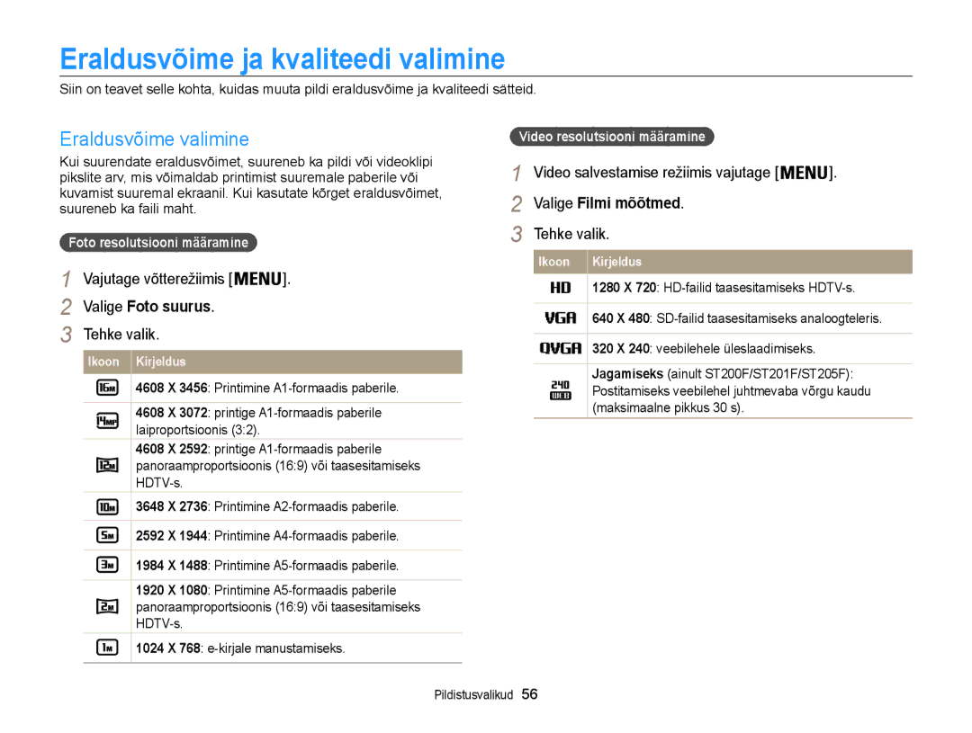 Samsung EC-ST200FBPSE2, EC-ST200FBPBE2 manual Eraldusvõime ja kvaliteedi valimine, Eraldusvõime valimine, Valige Foto suurus 