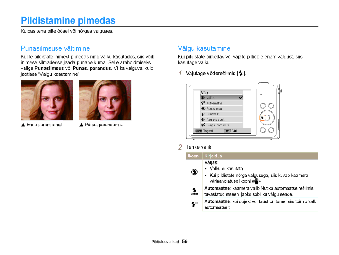 Samsung EC-ST200FBPBE2, EC-ST200FBPSE2 manual Pildistamine pimedas, Punasilmsuse vältimine, Välgu kasutamine, Väljas 