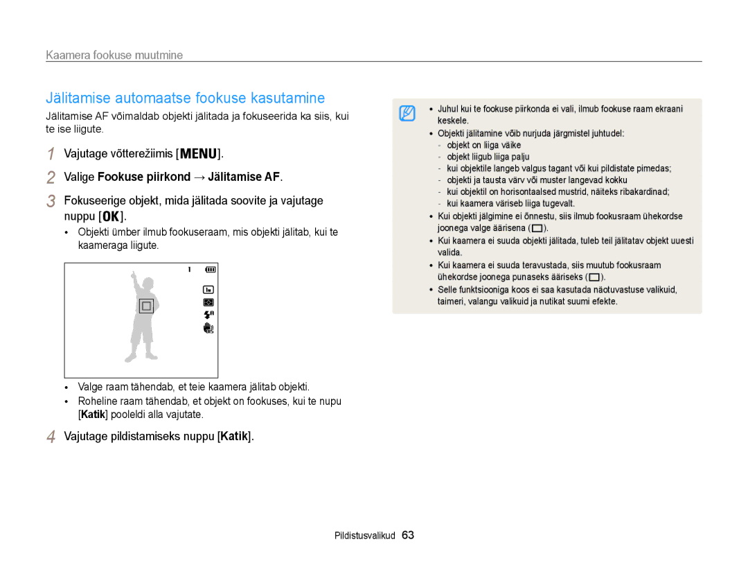 Samsung EC-ST200FBPBE2, EC-ST200FBPSE2 manual Jälitamise automaatse fookuse kasutamine, Kaamera fookuse muutmine, Nuppu 