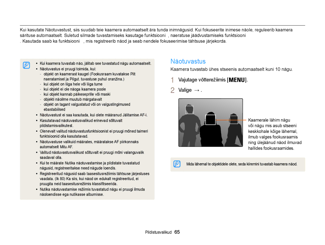 Samsung EC-ST200FBPLE2, EC-ST200FBPBE2 Näotuvastuse kasutamine, Kaamera tuvastab ühes stseenis automaatselt kuni 10 nägu 