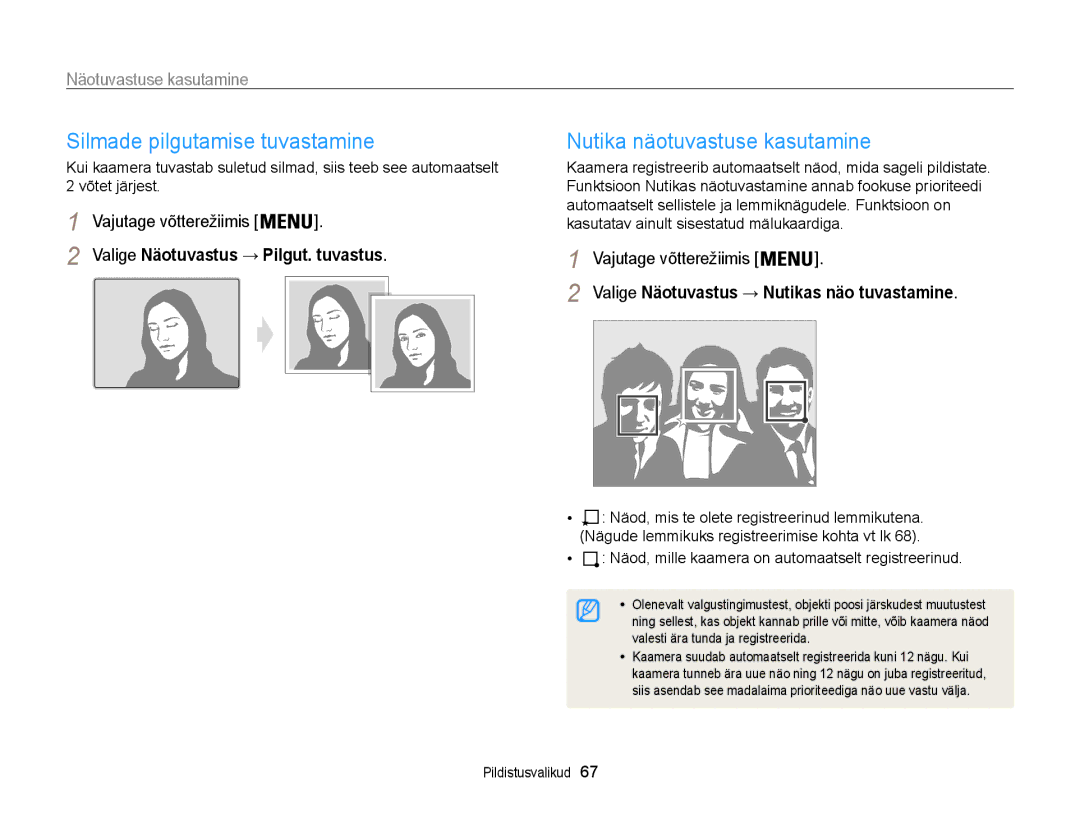 Samsung EC-ST200FBPBE2, EC-ST200FBPSE2, EC-ST200FBPLE2 manual Silmade pilgutamise tuvastamine, Nutika näotuvastuse kasutamine 