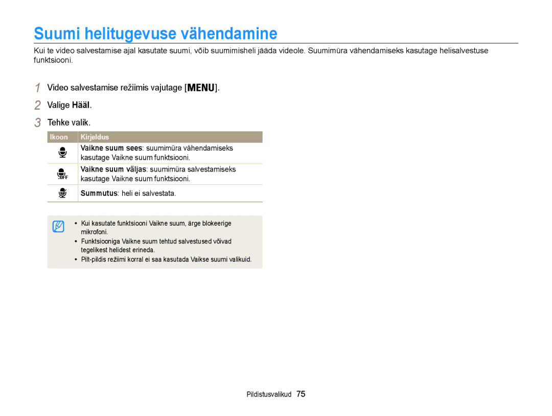 Samsung EC-ST200FBPBE2 Suumi helitugevuse vähendamine, Valige Hääl Tehke valik, Vaikne suum sees suumimüra vähendamiseks 