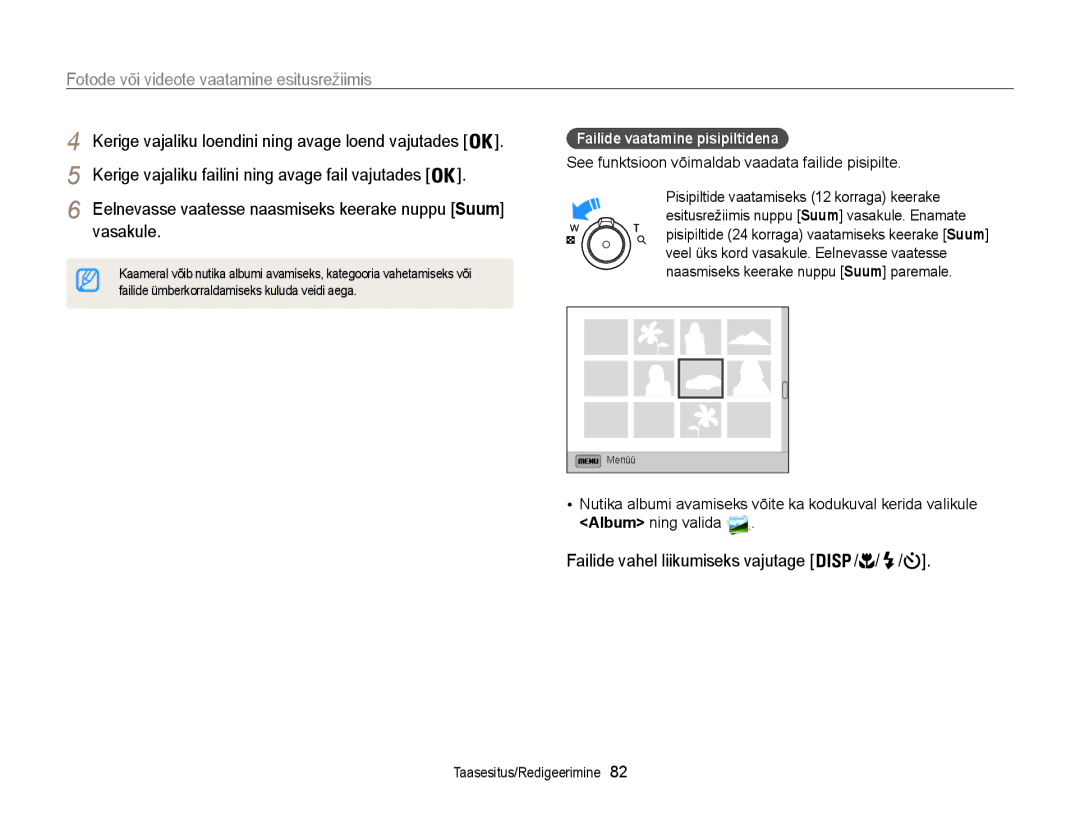 Samsung EC-ST200FBPRE2 manual Vasakule, Failide vaatamine pisipiltidena, See funktsioon võimaldab vaadata failide pisipilte 