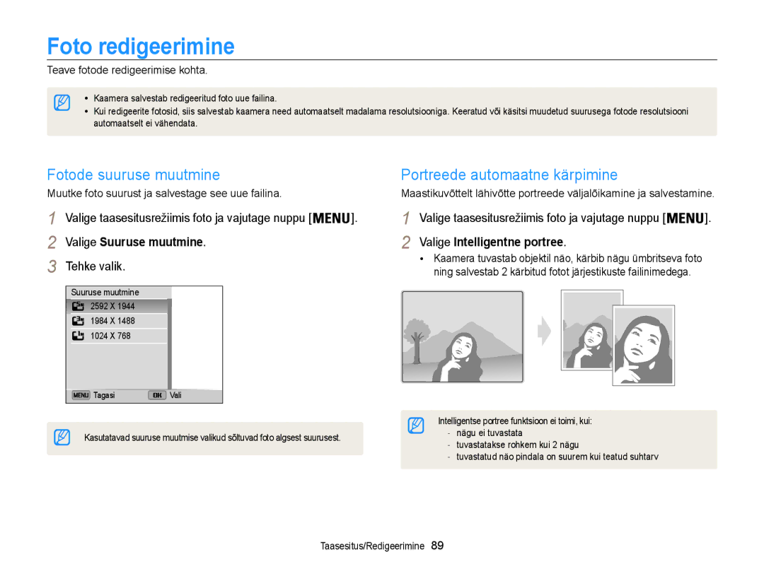 Samsung EC-ST200FBPLE2, EC-ST200FBPBE2 manual Foto redigeerimine, Fotode suuruse muutmine Portreede automaatne kärpimine 
