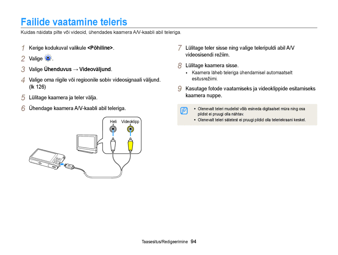 Samsung EC-ST200FBPRE2 manual Failide vaatamine teleris, Valige Ühenduvus → Videoväljund, Lülitage kaamera ja teler välja 