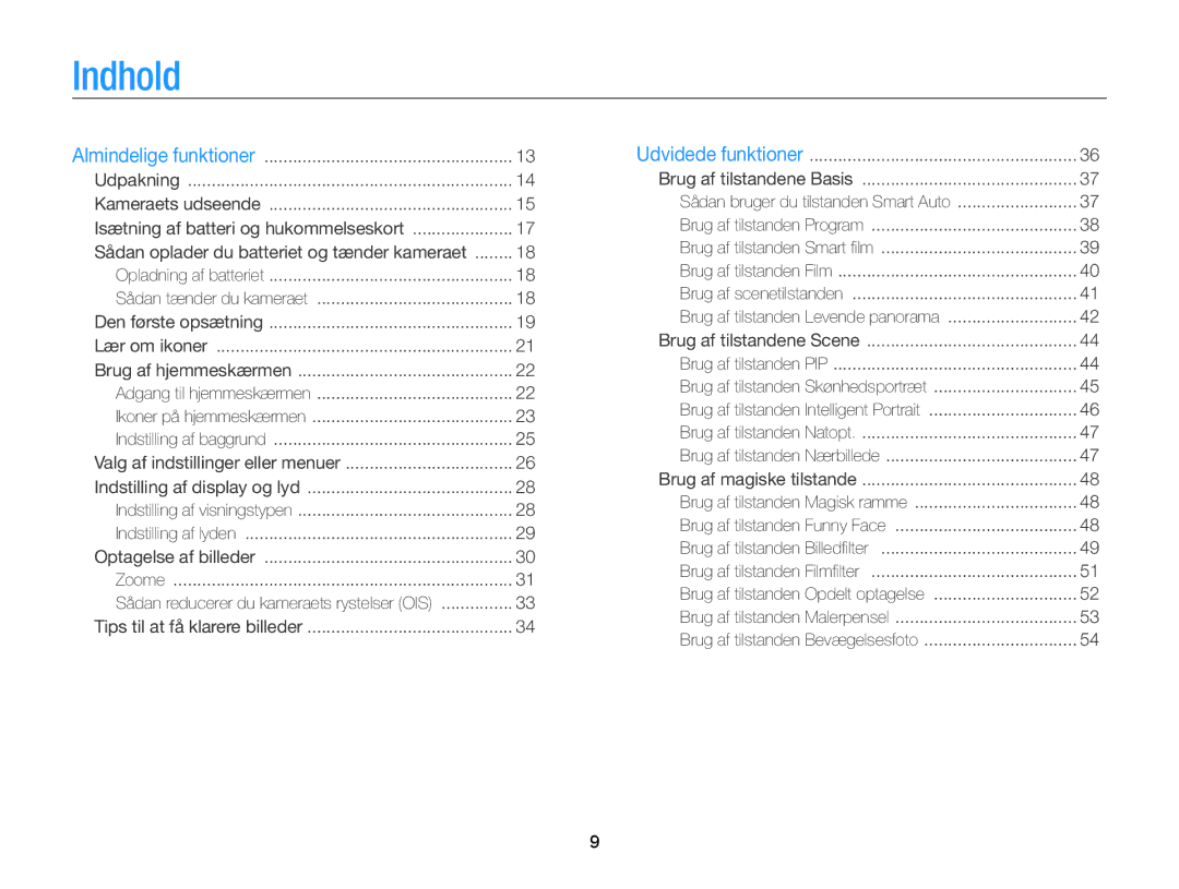 Samsung EC-ST200FBPBE2, EC-ST200FBPSE2, EC-ST200FBPLE2 manual Indhold, Sådan oplader du batteriet og tænder kameraet 