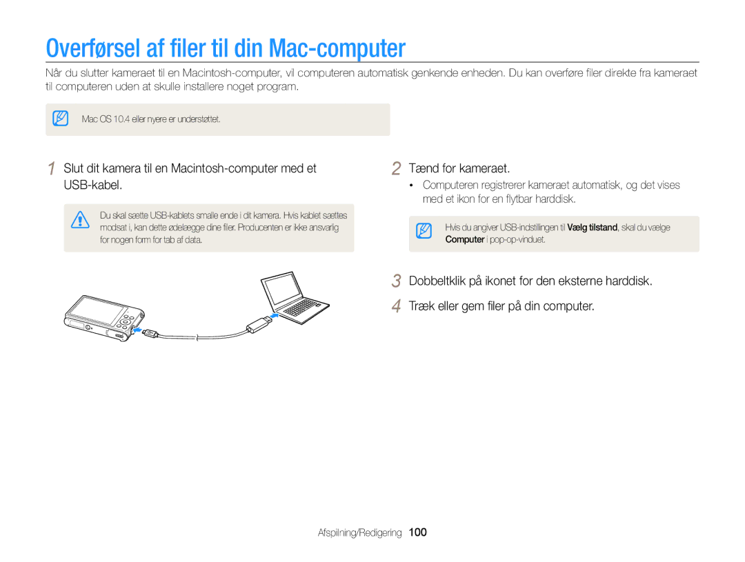 Samsung EC-ST200FBPSE2, EC-ST200FBPBE2, EC-ST200FBPLE2, EC-ST200FBPWE2 manual Overførsel af filer til din Mac-computer 