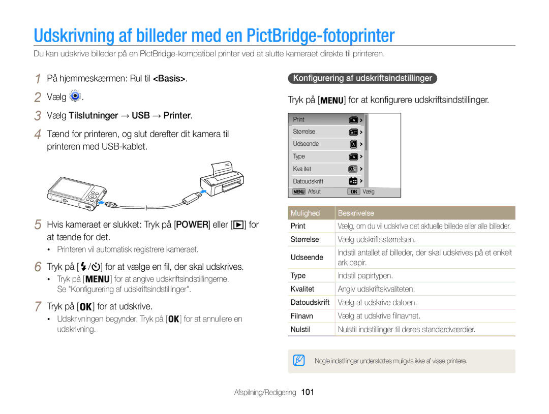 Samsung EC-ST200FBPLE2, EC-ST200FBPBE2 manual Udskrivning af billeder med en PictBridge-fotoprinter, Tryk på for at udskrive 