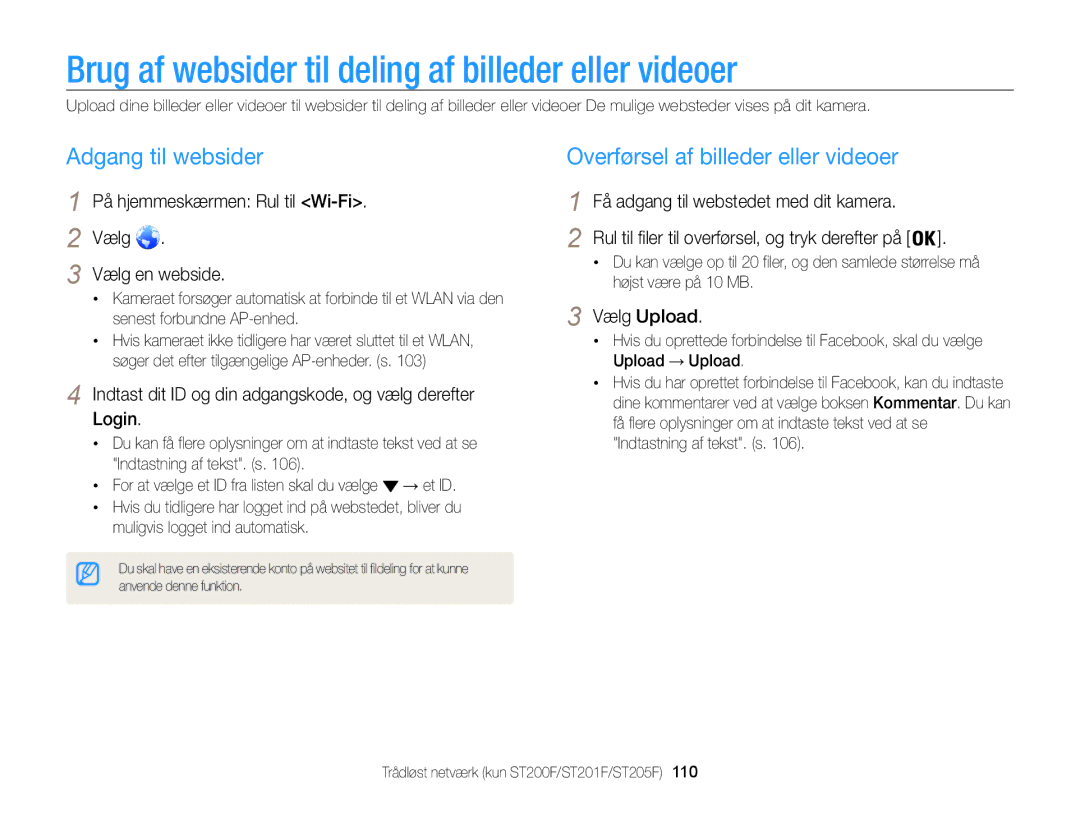 Samsung EC-ST200FBPSE2, EC-ST200FBPBE2 manual Brug af websider til deling af billeder eller videoer, Adgang til websider 