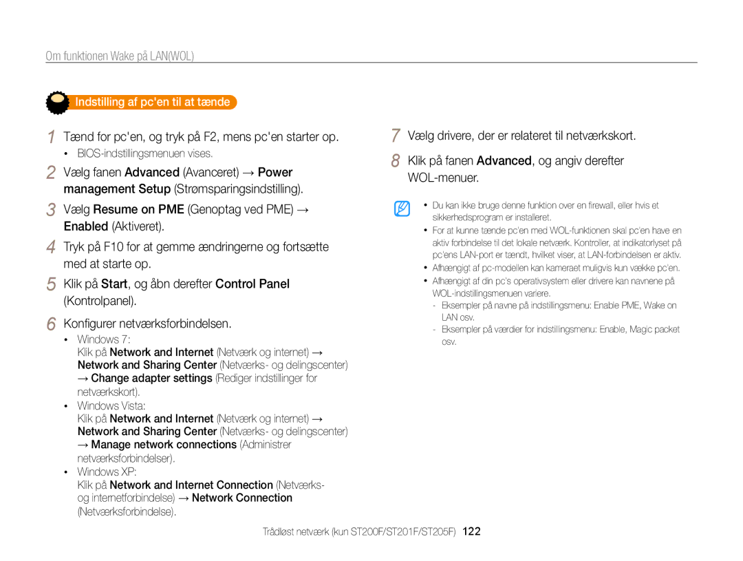 Samsung EC-ST200FBPWE2, EC-ST200FBPBE2 Om funktionen Wake på Lanwol, Tænd for pcen, og tryk på F2, mens pcen starter op 