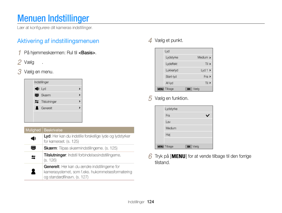 Samsung EC-ST200ZBPLE2, EC-ST200FBPBE2 manual Menuen Indstillinger, Aktivering af indstillingsmenuen, Vælg et punkt 