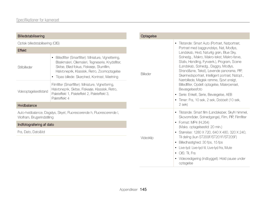 Samsung EC-ST200FBPRE2, EC-ST200FBPBE2, EC-ST200FBPSE2, EC-ST200FBPLE2, EC-ST200FBPWE2 manual Specifikationer for kameraet 