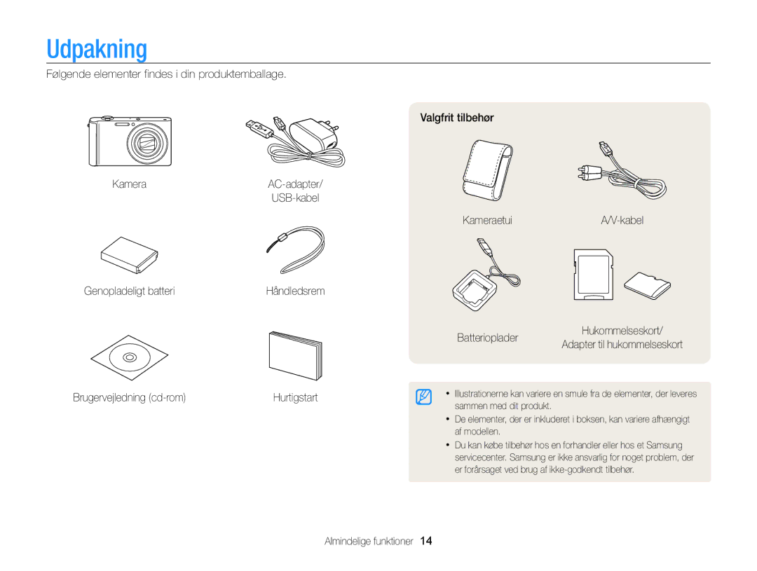 Samsung EC-ST200ZBPLE2 manual Udpakning, Følgende elementer findes i din produktemballage Kamera, Genopladeligt batteri 