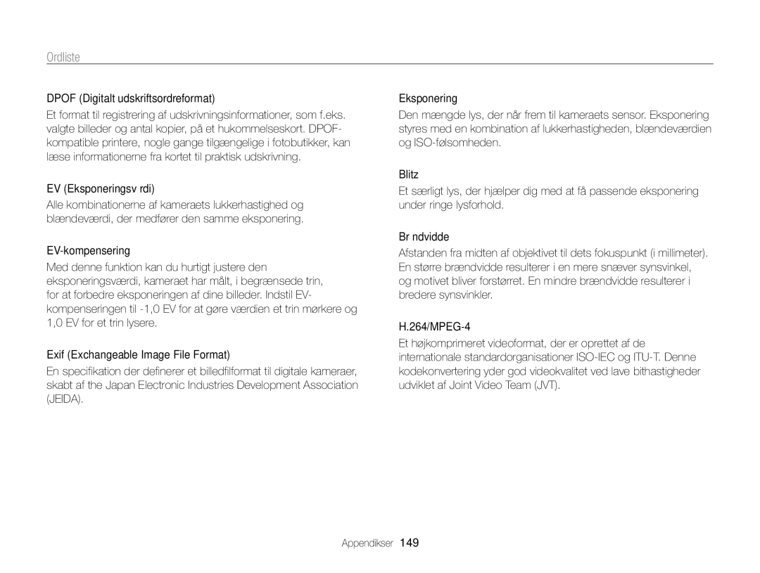 Samsung EC-ST200FBPBE2, EC-ST200FBPSE2, EC-ST200FBPLE2 Ordliste, Dpof Digitalt udskriftsordreformat, EV Eksponeringsværdi 