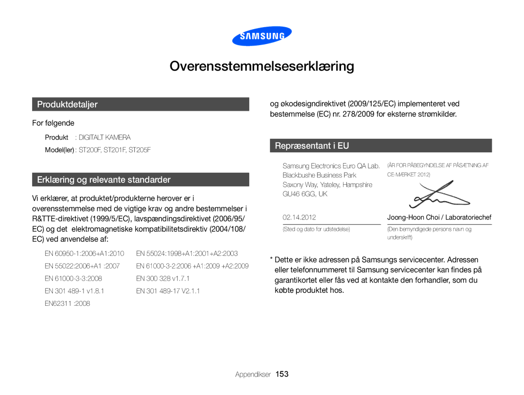 Samsung EC-ST200ZBPRE2, EC-ST200FBPBE2, EC-ST200FBPSE2, EC-ST200FBPLE2 manual Overensstemmelseserklæring, For følgende 