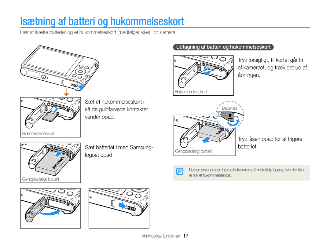 Samsung EC-ST200ZBPSE2 Isætning af batteri og hukommelseskort, Tryk låsen opad for at frigøre batteriet, Hukommelseskort 