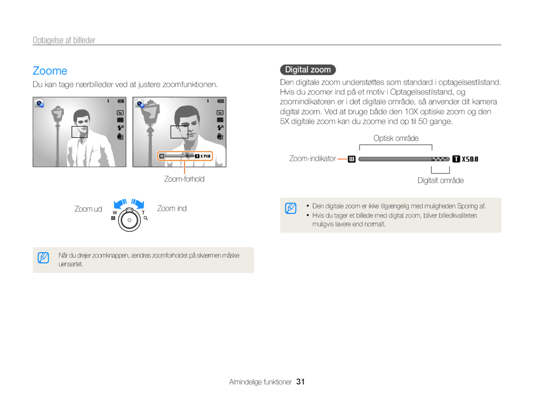 Samsung EC-ST200FBPLE2 manual Zoome, Optagelse af billeder, Digital zoom, Optisk område Zoom-indikator Digitalt område 