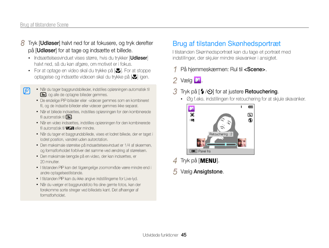 Samsung EC-ST200FBPRE2 manual Brug af tilstanden Skønhedsportræt, Brug af tilstandene Scene, Tryk på Vælg Ansigtstone 