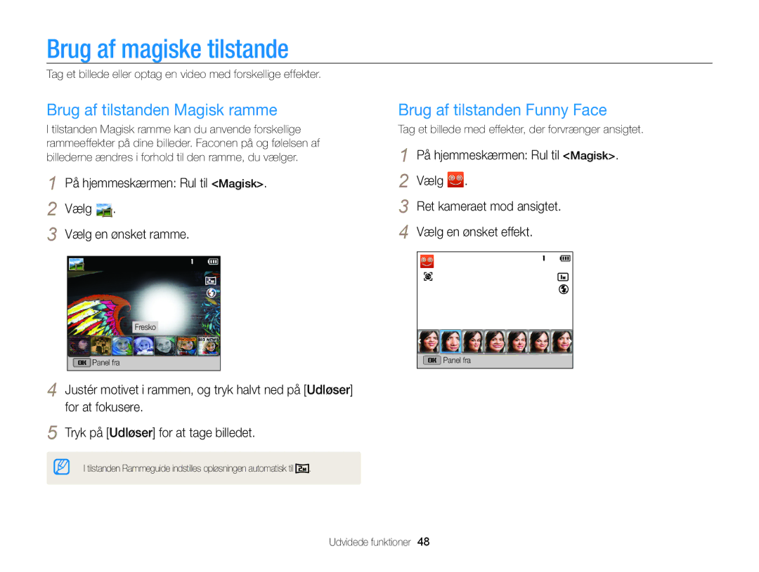 Samsung EC-ST205FBDBE2 manual Brug af magiske tilstande, Brug af tilstanden Magisk ramme, Brug af tilstanden Funny Face 