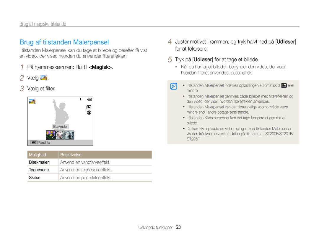 Samsung EC-ST200ZBPRE2, EC-ST200FBPBE2 Brug af tilstanden Malerpensel, På hjemmeskærmen Rul til Magisk Vælg Vælg et filter 