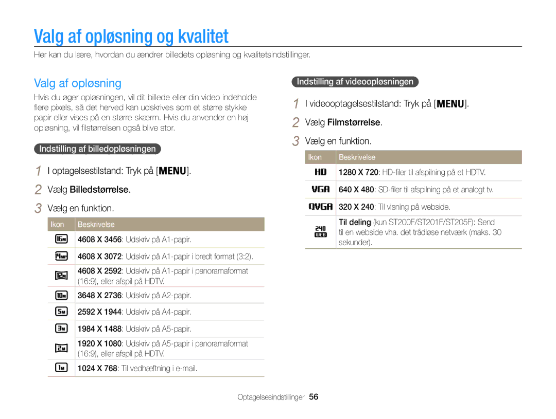 Samsung EC-ST200ZBPBE2, EC-ST200FBPBE2, EC-ST200FBPSE2 Valg af opløsning og kvalitet, Vælg Billedstørrelse Vælg en funktion 