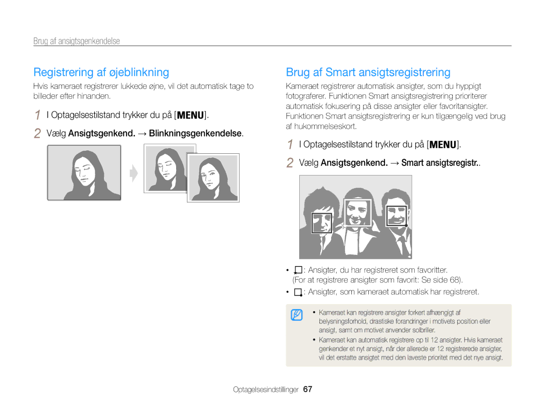 Samsung EC-ST200ZBPSE2, EC-ST200FBPBE2, EC-ST200FBPSE2 manual Registrering af øjeblinkning, Brug af Smart ansigtsregistrering 