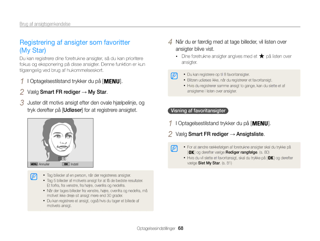 Samsung EC-ST205FBDBE2 manual Registrering af ansigter som favoritter My Star, Ansigter, Visning af favoritansigter 