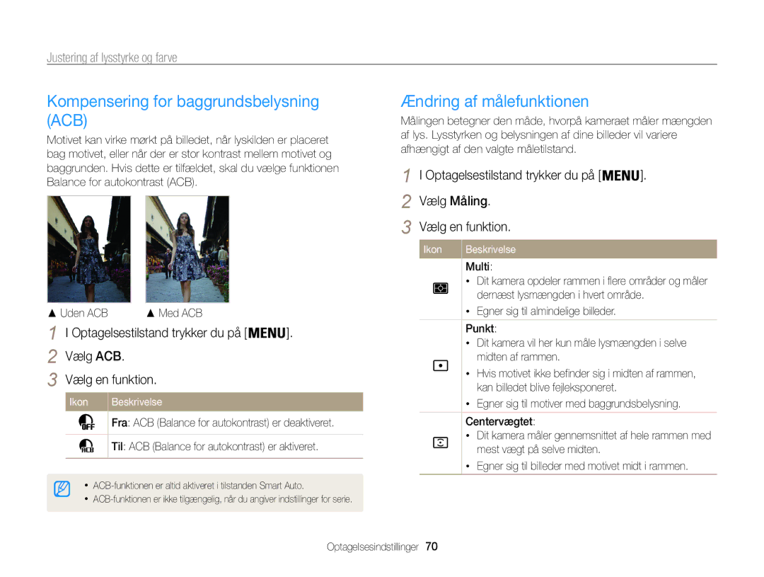 Samsung EC-ST200FBPSE2 Kompensering for baggrundsbelysning ACB, Ændring af målefunktionen, Justering af lysstyrke og farve 