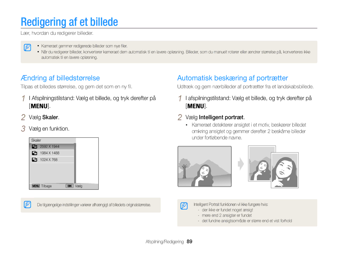 Samsung EC-ST200FBPBE2 manual Redigering af et billede, Ændring af billedstørrelse, Automatisk beskæring af portrætter 