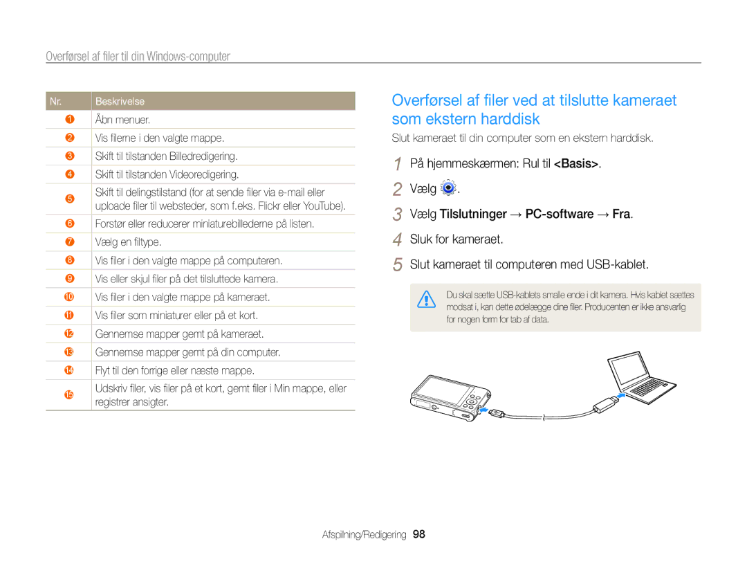 Samsung EC-ST205FBDBE2, EC-ST200FBPBE2, EC-ST200FBPSE2 manual Slut kameraet til din computer som en ekstern harddisk 