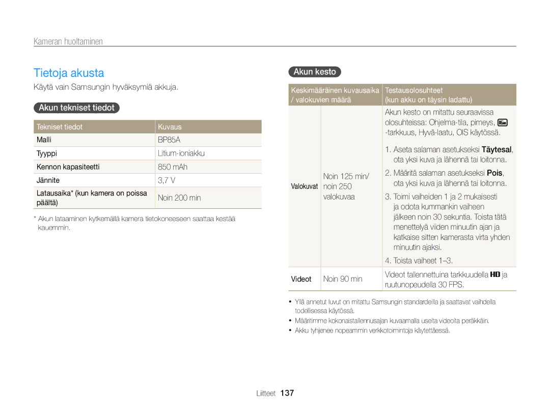 Samsung EC-ST200ZBPSE2, EC-ST200FBPBE2 manual Tietoja akusta, Akun tekniset tiedot, Akun kesto, Tekniset tiedot Kuvaus 