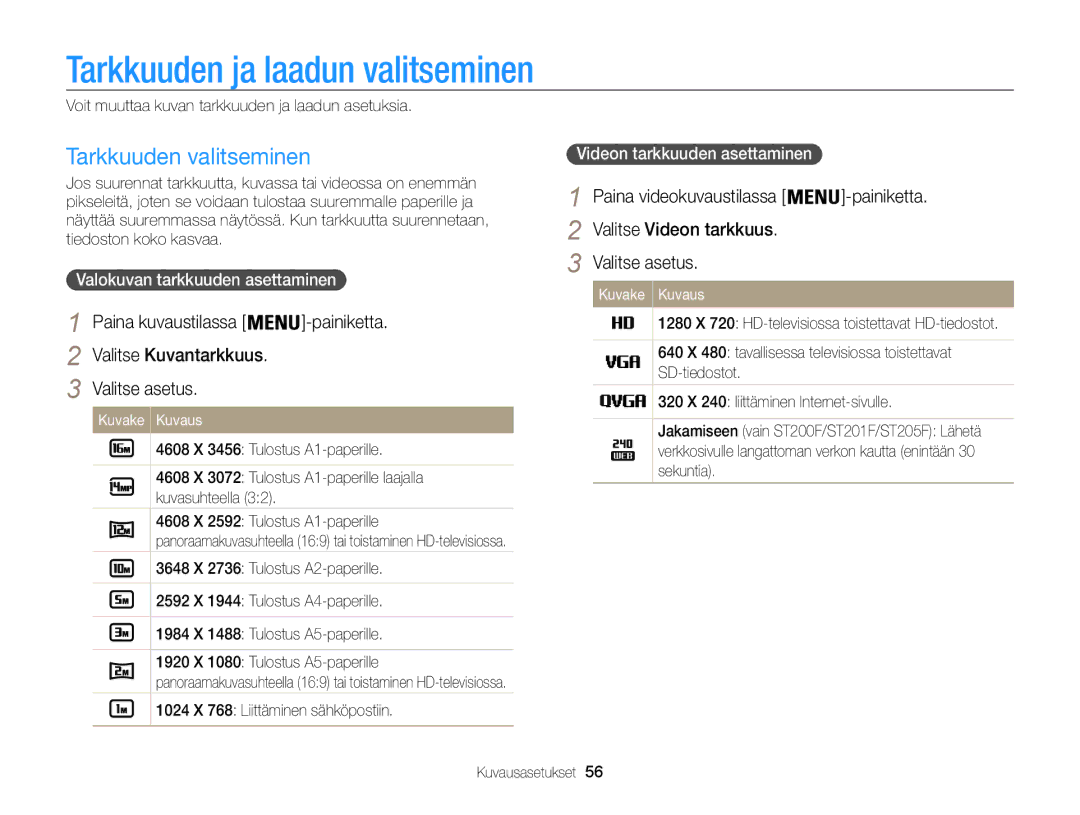 Samsung EC-ST200ZBPBE2 Tarkkuuden ja laadun valitseminen, Tarkkuuden valitseminen, Valitse Kuvantarkkuus Valitse asetus 