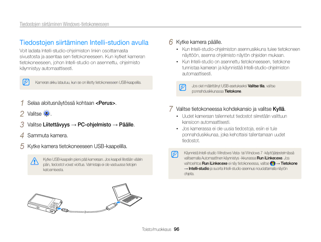 Samsung EC-ST200ZBPBE2 Tiedostojen siirtäminen Intelli-studion avulla, Tiedostojen siirtäminen Windows-tietokoneeseen 