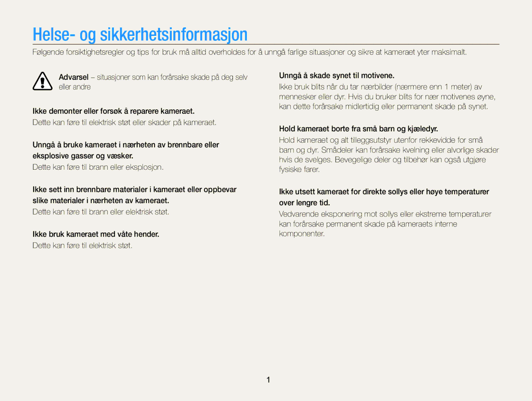 Samsung EC-ST200FBPLE2, EC-ST200FBPBE2, EC-ST200FBPSE2, EC-ST200FBPWE2, EC-ST200ZBPRE2 manual Helse- og sikkerhetsinformasjon 