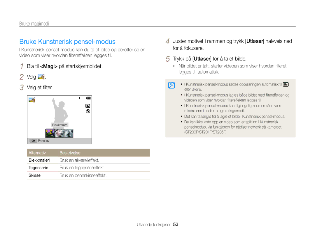 Samsung EC-ST200ZBPRE2 manual Bruke Kunstnerisk pensel-modus, Bla til Magi på startskjermbildet Velg Velg et filter 