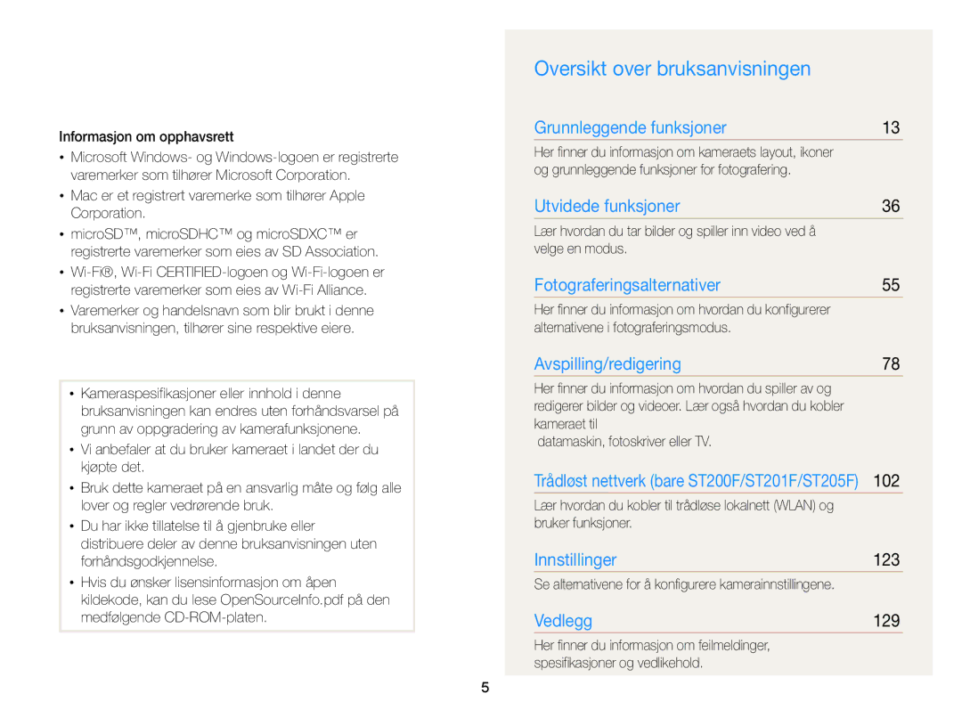 Samsung EC-ST200FBPRE2, EC-ST200FBPBE2, EC-ST200FBPSE2, EC-ST200FBPLE2 manual Oversikt over bruksanvisningen, 102, 123, 129 