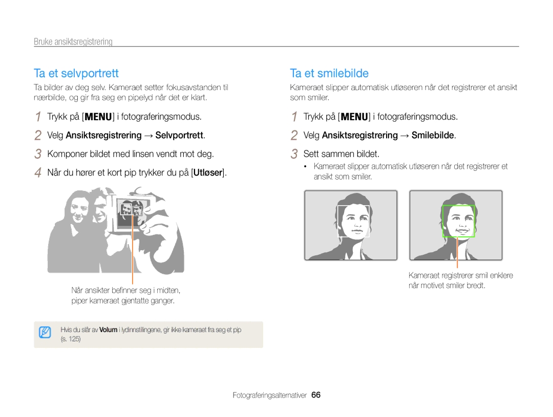 Samsung EC-ST200ZBPBE2, EC-ST200FBPBE2, EC-ST200FBPSE2, EC-ST200FBPLE2 manual Ta et selvportrett, Bruke ansiktsregistrering 