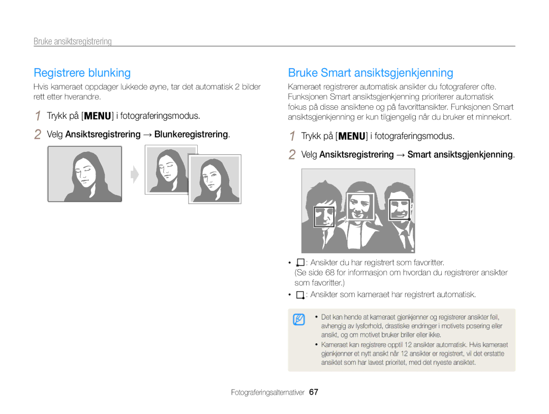 Samsung EC-ST200ZBPSE2, EC-ST200FBPBE2 Registrere blunking, Bruke Smart ansiktsgjenkjenning, Trykk på Fotograferingsmodus 