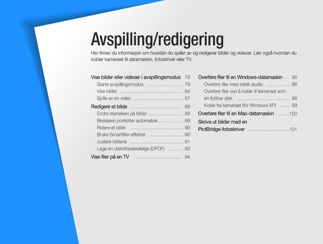 Samsung EC-ST205FBDBE2, EC-ST200FBPBE2 manual Redigere et bilde ………………………………, Overføre filer til en Windows-datamaskin …… 