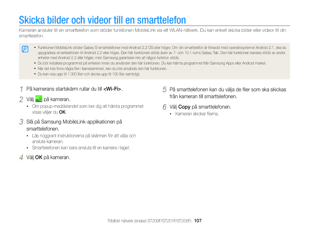 Samsung EC-ST200ZBPSE2, EC-ST200FBPBE2 manual Skicka bilder och videor till en smarttelefon, Kameran skickar filerna 