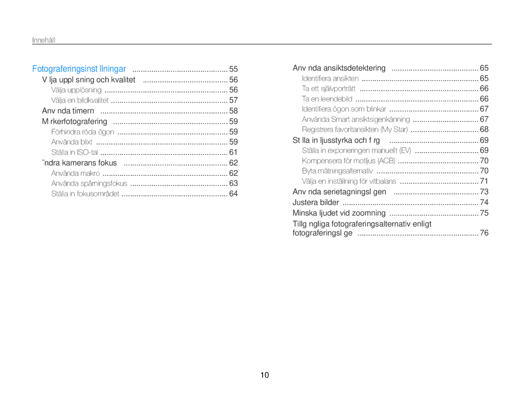 Samsung EC-ST200FBPSE2, EC-ST200FBPBE2, EC-ST200FBPLE2, EC-ST200FBPWE2, EC-ST200ZBPRE2, EC-ST200ZBPLE2 manual Innehåll﻿ 