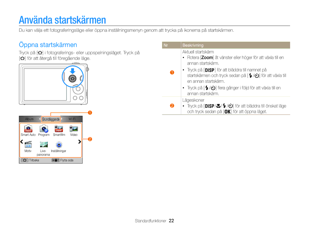 Samsung EC-ST200FBPWE2, EC-ST200FBPBE2 manual Använda startskärmen, Öppna startskärmen, För att bläddra till namnet på 