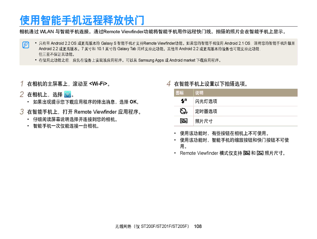 Samsung EC-ST200FBPSE3 manual 使用智能手机远程释放快门, 在相机的主屏幕上，滚动至 Wi-Fi。 在相机上，选择 。, 在智能手机上设置以下拍摄选项。, 如果出现提示您下载应用程序的弹出消息，选择 Ok。 