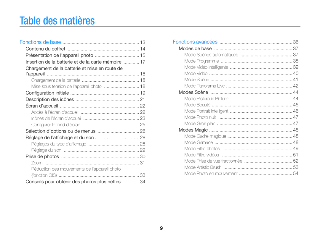 Samsung EC-ST200ZBPLE1, EC-ST200FBPBFR, EC-ST200FBPRFR Table des matières, Chargement de la batterie et mise en route de 