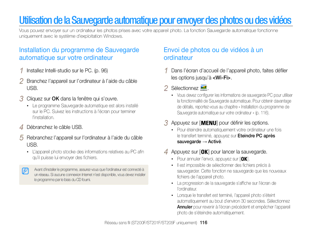 Samsung EC-ST200FBPBFR manual Installez Intelli-studio sur le PC. p, Les options jusqu’à Wi-Fi, Pour définir les options 