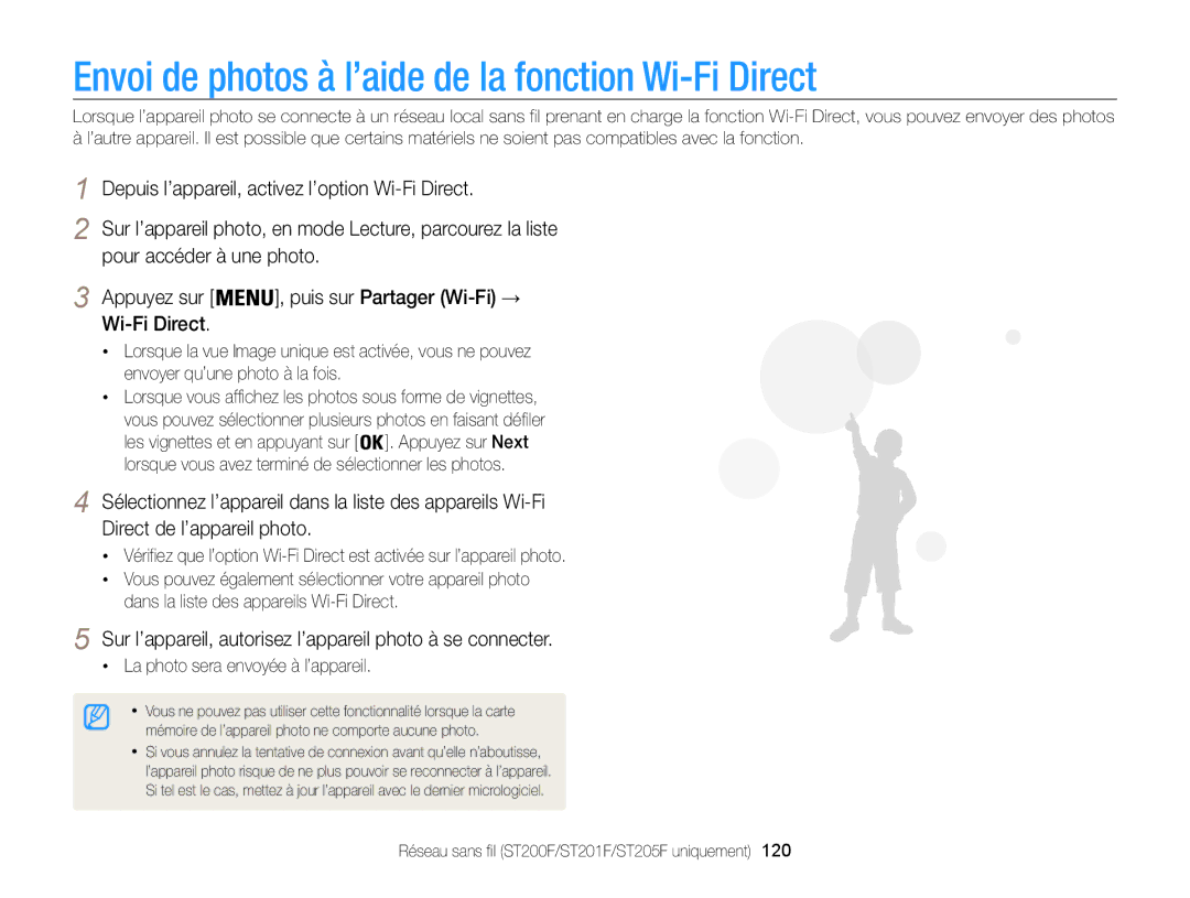 Samsung EC-ST200FBPLE1 manual Envoi de photos à l’aide de la fonction Wi-Fi Direct, La photo sera envoyée à l’appareil 