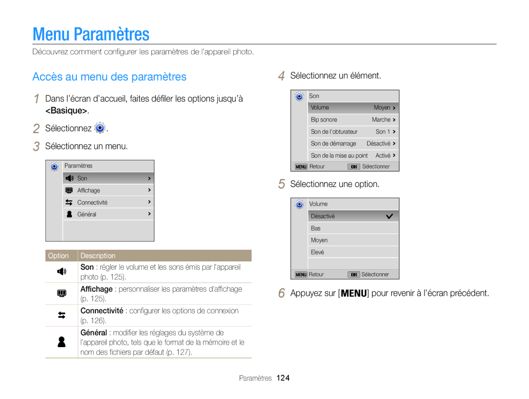 Samsung EC-ST200ZBPRE1, EC-ST200FBPBFR manual Menu Paramètres, Accès au menu des paramètres, Sélectionnez un élément 