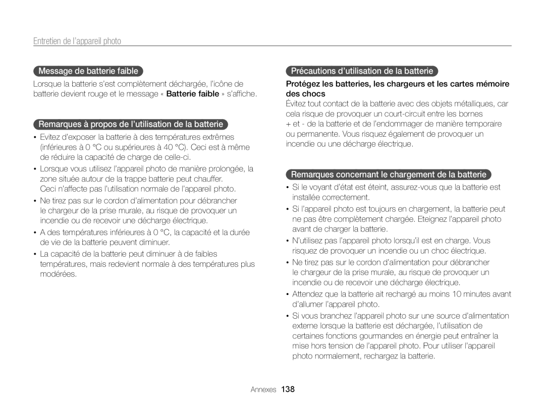 Samsung EC-ST200FBPLE1, EC-ST200FBPBFR manual Message de batterie faible, Remarques à propos de l’utilisation de la batterie 